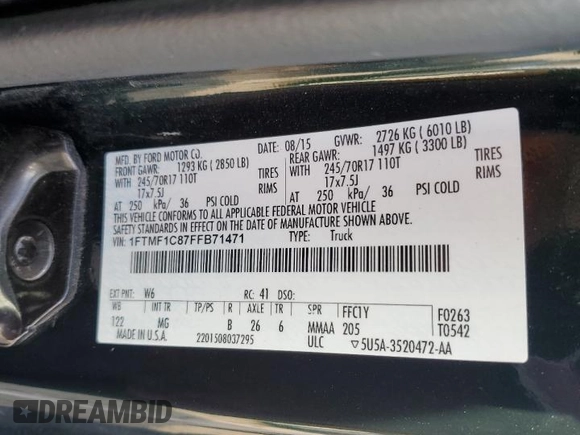 2015 Ford F-150 XL with VIN 1FTMF1C87FFB71471, listed as a Copart auction lot 42787685 with 124,782 mi miles and Salvage title. Bid and sale history available at DreamBid. Image 12.