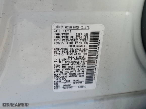 2012 Nissan Murano LE with VIN JN8AZ1MW6CW210025, listed as a Copart auction lot 50890535 with 56,654 mi miles and Salvage Title. Bid and sale history available at carsss.com. Image 13.
