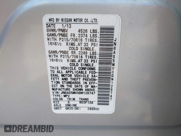 2013 Nissan Rogue S with VIN JN8AS5MV0DW128747, listed as a IAAI auction lot 42152164 with 106,337 mi miles and . Bid and sale history available at DreamBid. Image 9.