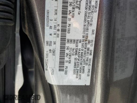 2013 Ford Focus SE z VIN 1FADP3F23DL296908, wystawiony jako Copart lot #57076095 z przebiegiem 160 690 mil mil oraz Szkoda całkowita • Salvage title. Historia ofert i sprzedaży dostępna na DreamBid. Obrazek 13.