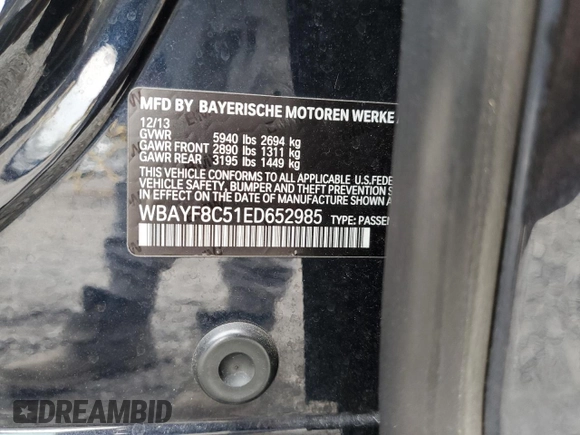 2014 BMW 7 Series ALPINA B7 xDrive with VIN WBAYF8C51ED652985, listed as a Copart auction lot 54299625 with 80,577 mi miles and Salvage Title. Bid and sale history available at DreamBid. Image 12.