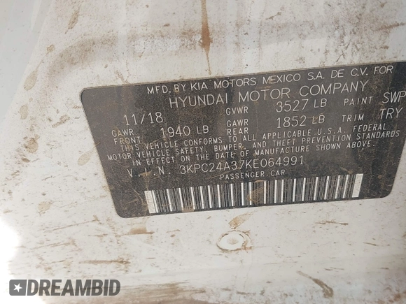2019 Hyundai Accent SE with VIN 3KPC24A37KE064991, listed as a IAAI auction lot 42243062 with 93,613 mi miles and . Bid and sale history available at DreamBid. Image 9.