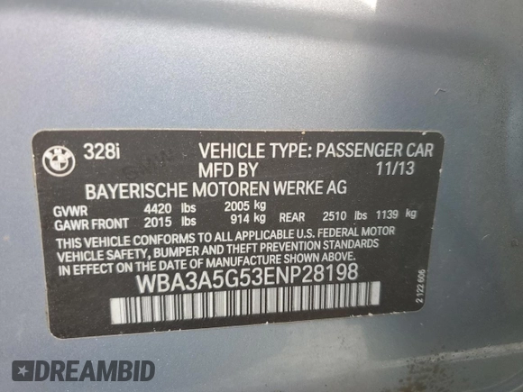 2014 BMW 3 Series 328i with VIN WBA3A5G53ENP28198, listed as a Copart auction lot 52808975 with 70,474 mi miles and Non Repairable. Bid and sale history available at DreamBid. Image 13.