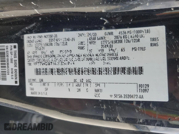 2020 Ford F-250 XL with VIN 1FT7W2BT5LEE60214, listed as a Copart auction lot 52217005 with Not provided miles and Salvage title. Bid and sale history available at DreamBid. Image 15.