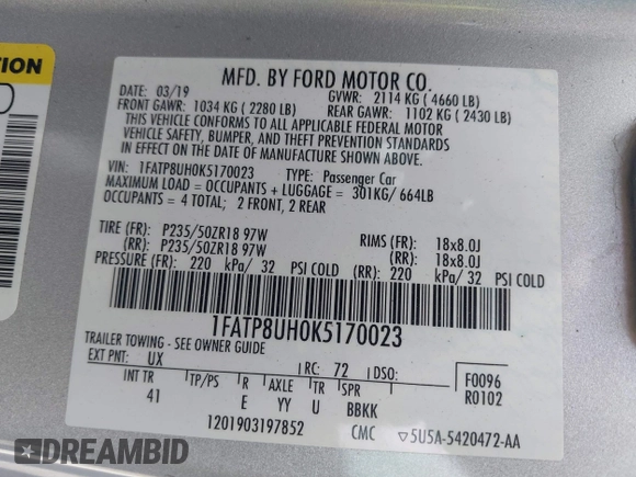 2019 Ford Mustang EcoBoost with VIN 1FATP8UH0K5170023, listed as a IAAI auction lot 42086931 with 100,236 mi miles and . Bid and sale history available at DreamBid. Image 9.