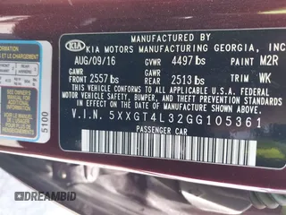 2016 Kia Optima LX with VIN 5XXGT4L32GG105361, listed as a IAAI auction lot 42066431 with 61,026 mi miles. Bid and sale history available at carsss.com. Image 9.