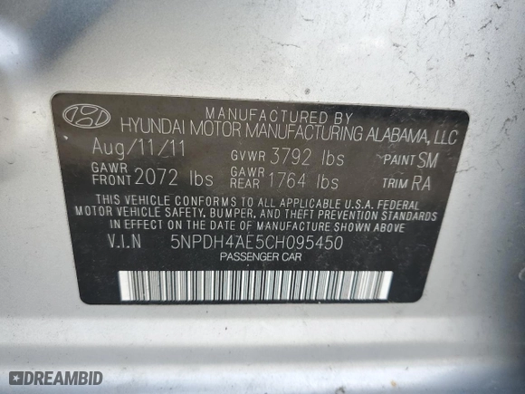 2012 Hyundai Elantra GLS PZEV with VIN 5NPDH4AE5CH095450, listed as a Copart auction lot 49721225 with 169,665 mi miles and Salvage Title. Bid and sale history available at carsss.com. Image 14.