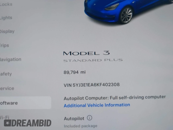 2019 Tesla Model 3 Mid Range with VIN 5YJ3E1EA6KF402308, listed as a IAAI auction lot 40077902 with 89,794 mi miles and . Bid and sale history available at carsss.com. Image 15.