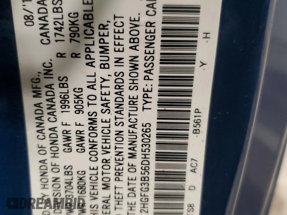 2013 Honda Civic Cpe LX with VIN 2HGFG3B56DH530265, listed as a Copart auction lot 46992175 with 107,178 mi miles and Salvage Title. Bid and sale history available at carsss.com. Image 12.