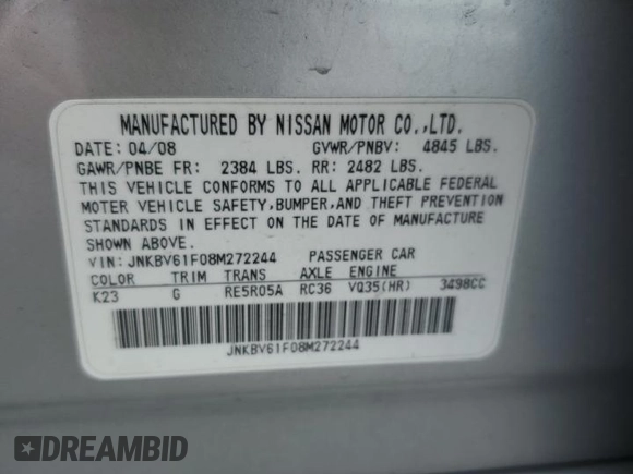 2008 Infiniti G35 x with VIN JNKBV61F08M272244, listed as a Copart auction lot 51507045 with 161,922 mi miles and Salvage Title. Bid and sale history available at DreamBid. Image 14.
