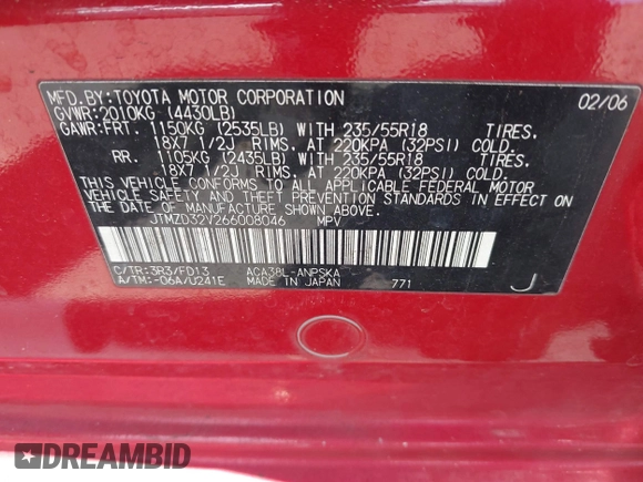 2006 Toyota RAV4 Sport with VIN JTMZD32V266008046, listed as a IAAI auction lot 42552181 with 162,091 mi miles and . Bid and sale history available at DreamBid. Image 9.