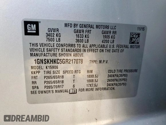 2016 Chevrolet Suburban LT z VIN 1GNSKHKC5GR217078, wystawiony jako Copart lot #61842825 z przebiegiem 221 198 mil mil oraz Czysty tytuł • Clean title. Historia ofert i sprzedaży dostępna na DreamBid. Obrazek 13.