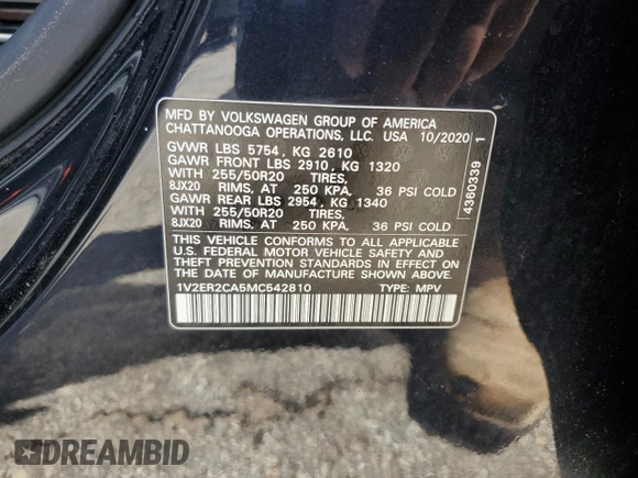 2021 Volkswagen Atlas SEL with VIN 1V2ER2CA5MC542810, listed as a Copart auction lot 57243245 with 104,505 mi miles and Salvage title. Bid and sale history available at DreamBid. Image 12.
