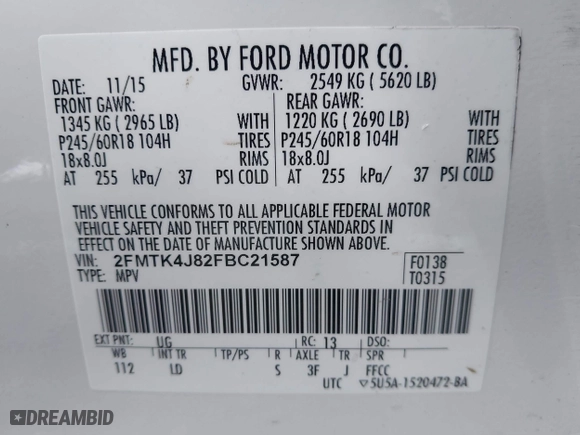 2015 Ford Edge SEL with VIN 2FMTK4J82FBC21587, listed as a IAAI auction lot 41592046 with 107,573 mi miles. Bid and sale history available at carsss.com. Image 9.