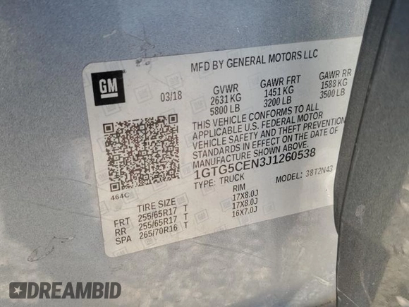2018 GMC Canyon 2WD SLE z VIN 1GTG5CEN3J1260538, wystawiony jako Copart lot #84157414 z przebiegiem 135 488 mil mil oraz Szkoda całkowita • Salvage title. Historia ofert i sprzedaży dostępna na DreamBid. Obrazek 14.