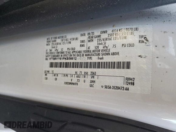 2023 Ford Transit Cargo with VIN 1FTBR1Y81PKB56612, listed as a Copart auction lot 46652685 with Not Provided miles and Salvage Title. Bid and sale history available at DreamBid. Image 13.