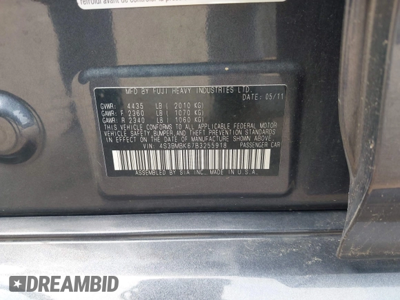 2011 Subaru Legacy Limited Power Moon with VIN 4S3BMBK67B3255918, listed as a IAAI auction lot 42434309 with 124,689 mi miles and . Bid and sale history available at DreamBid. Image 9.