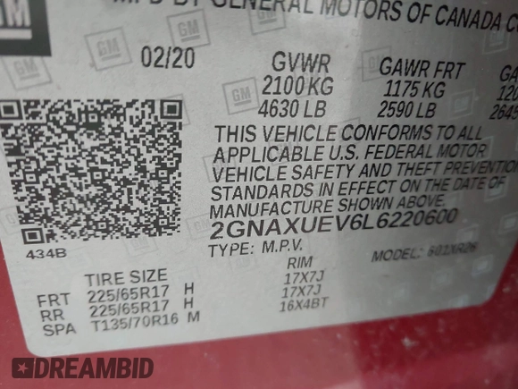 2020 Chevrolet Equinox LT with VIN 2GNAXUEV6L6220600, listed as a IAAI auction lot 42181262 with 26,887 mi miles and . Bid and sale history available at DreamBid. Image 9.