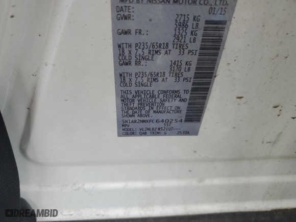 2015 Nissan Pathfinder Platinum with VIN 5N1AR2MMXFC640254, listed as a Copart auction lot 46470045 with 0 mi miles and Salvage Title. Bid and sale history available at carsss.com. Image 14.
