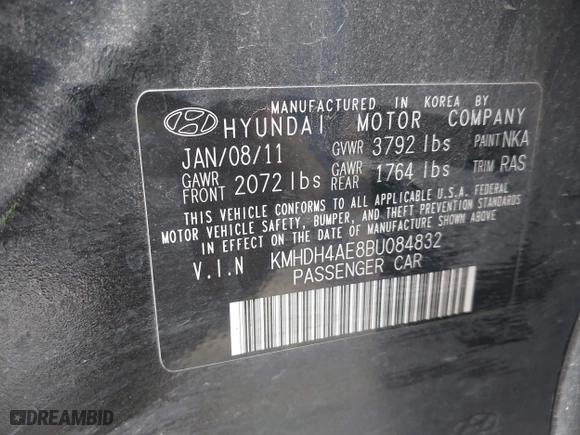 2011 Hyundai Elantra Ltd with VIN KMHDH4AE8BU084832, listed as a IAAI auction lot 41455695 with 176,634 mi miles. Bid and sale history available at carsss.com. Image 9.