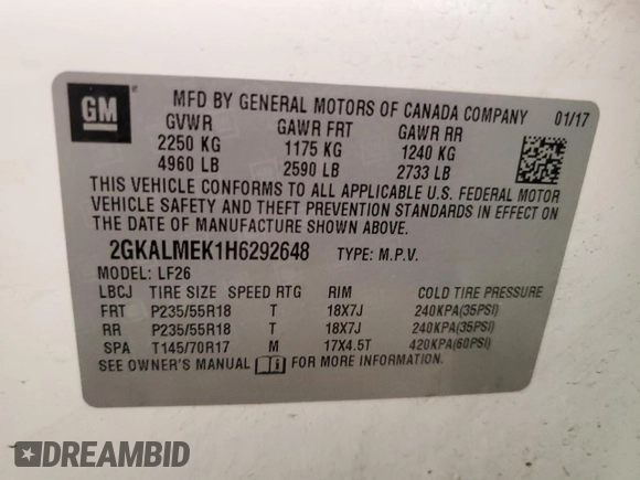 2017 GMC Terrain SLE with VIN 2GKALMEK1H6292648, listed as a Copart auction lot 54375295 with 68,146 mi miles and Clean Title. Bid and sale history available at carsss.com. Image 12.