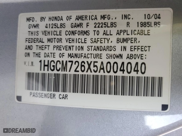 2005 Honda Accord Cpe EX-L with VIN 1HGCM726X5A004040, listed as a Copart auction lot 47595895 with 212,959 mi miles and Salvage Title. Bid and sale history available at carsss.com. Image 12.