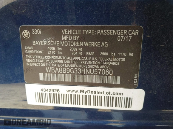 2017 BMW 3 Series 330i with VIN WBA8B9G33HNU57060, listed as a IAAI auction lot 42086418 with 78,356 mi miles and . Bid and sale history available at DreamBid. Image 9.