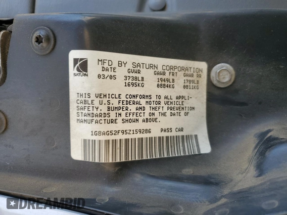 2005 Saturn ION ION 1 with VIN 1G8AG52F95Z159286, listed as a Copart auction lot 53995685 with 60,174 mi miles and Salvage Title. Bid and sale history available at carsss.com. Image 13.