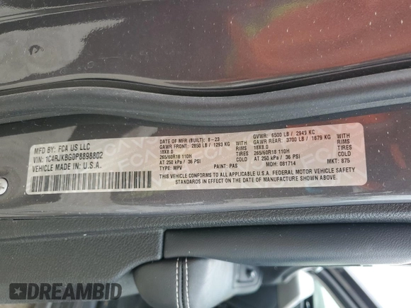 2023 Jeep Grand Cherokee Limited with VIN 1C4RJKBG0P8898802, listed as a Copart auction lot 60960755 with 23,053 mi miles and Salvage title. Bid and sale history available at DreamBid. Image 13.