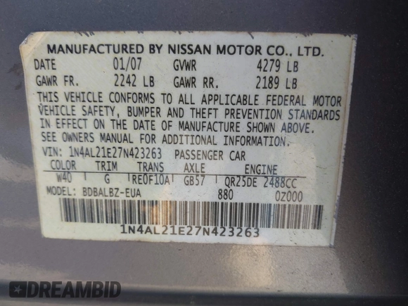 2007 Nissan Altima 2.5 S with VIN 1N4AL21E27N423263, listed as a IAAI auction lot 42049782 with 163,945 mi miles. Bid and sale history available at carsss.com. Image 9.