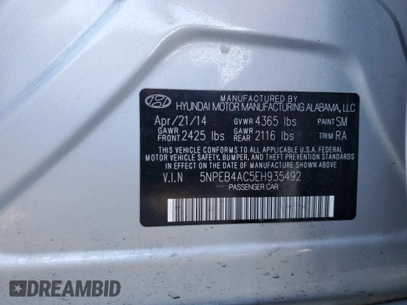 2014 Hyundai Sonata GLS with VIN 5NPEB4AC5EH935492, listed as a Copart auction lot 50456485 with 134,904 mi miles and Salvage Title. Bid and sale history available at carsss.com. Image 12.