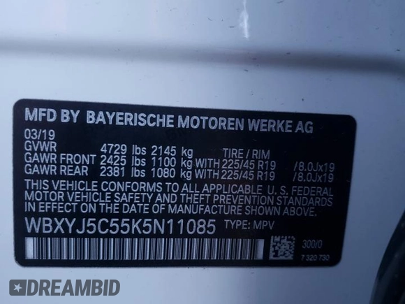 2019 BMW X2 xDrive28i with VIN WBXYJ5C55K5N11085, listed as a Copart auction lot 82306064 with 69,578 mi miles and Salvage Title. Bid and sale history available at carsss.com. Image 12.