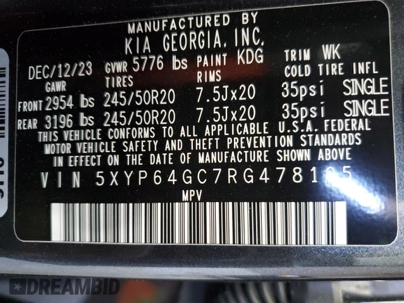 2024 Kia Telluride S с VIN 5XYP64GC7RG478105, выставлен на аукционе Copart как лот 53883025 с пробегом 14 920 миль миль и Списание • Salvage title. История ставок и продаж доступна на DreamBid. Изображение 13.
