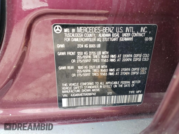 1999 Mercedes-Benz M 320/430/500 with VIN 4JGAB54E7XA099742, listed as a Copart auction lot 53672645 with 167,750 mi miles and Clean Title. Bid and sale history available at DreamBid. Image 13.