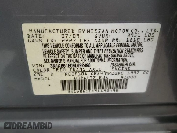 2009 Nissan Sentra 2.0 SL FE+ with VIN 3N1AB61E09L692498, listed as a Copart auction lot 50854775 with 160,802 mi miles and Salvage title. Bid and sale history available at DreamBid. Image 15.