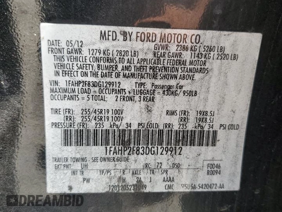 2013 Ford Taurus Limited с VIN 1FAHP2F83DG129912, выставлен на аукционе Copart как лот 61047505 с пробегом 257 139 миль миль и Чистый • Clean title. История ставок и продаж доступна на DreamBid. Изображение 12.