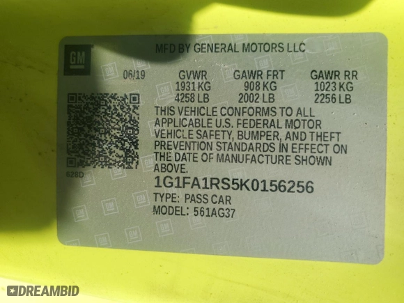 2019 Chevrolet Camaro 1LT with VIN 1G1FA1RS5K0156256, listed as a Copart auction lot 49217325 with 0 mi miles and Salvage Title. Bid and sale history available at carsss.com. Image 13.
