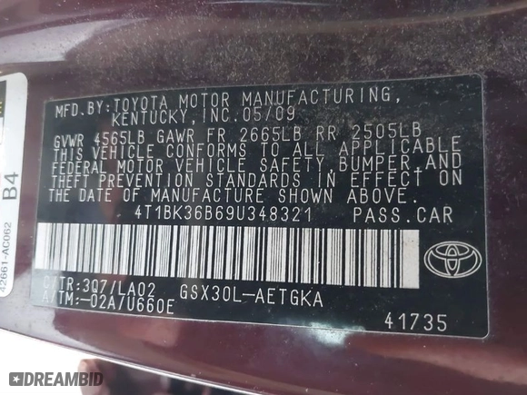 2009 Toyota Avalon XL with VIN 4T1BK36B69U348321, listed as a IAAI auction lot 41478085 with 182,541 mi miles. Bid and sale history available at carsss.com. Image 9.