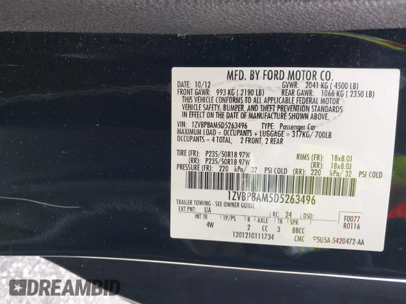 2013 Ford Mustang V6 with VIN 1ZVBP8AM5D5263496, listed as a IAAI auction lot 42580278 with 107,040 mi miles and . Bid and sale history available at DreamBid. Image 9.