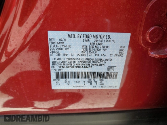 2025 Ford Explorer ST-Line with VIN 1FMUK7KH9SGA40462, listed as a Copart auction lot 54848405 with 8,111 mi miles and Salvage title. Bid and sale history available at DreamBid. Image 13.