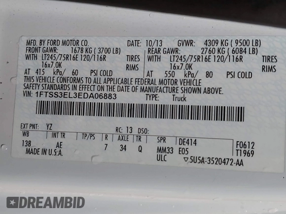 2014 Ford Econoline Cargo Commercial with VIN 1FTSS3EL3EDA06883, listed as a IAAI auction lot 41201589 with 154,796 mi miles and . Bid and sale history available at DreamBid. Image 9.