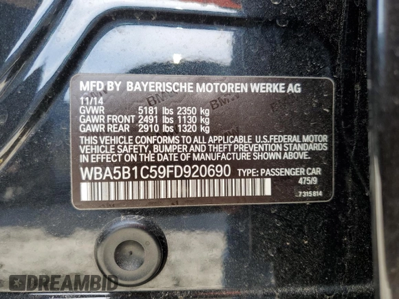 2015 BMW 5 Series 535i with VIN WBA5B1C59FD920690, listed as a Copart auction lot 49228425 with Not Provided miles and Salvage Title. Bid and sale history available at carsss.com. Image 12.