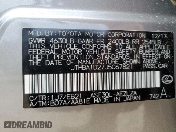 2018 Lexus IS 300 with VIN JTHBA1D27J5067821, listed as a Copart auction lot 53500935 with 47,552 mi miles and Salvage title. Bid and sale history available at DreamBid. Image 12.