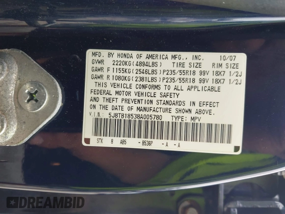2008 Acura RDX Technology z VIN 5J8TB18538A005780, wystawiony jako IAAI lot #42549348 z przebiegiem 170 492 mil mil oraz . Historia ofert i sprzedaży dostępna na DreamBid. Obrazek 9.