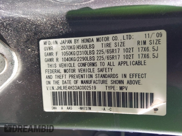 2010 Honda CR-V LX with VIN JHLRE4H33AC002519, listed as a IAAI auction lot 42577053 with 290,435 mi miles and . Bid and sale history available at DreamBid. Image 12.