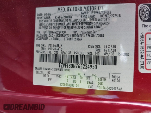 2006 Ford Mustang Standard with VIN 1ZVFT80N765234950, listed as a IAAI auction lot 42036111 with 187,884 mi miles. Bid and sale history available at carsss.com. Image 9.