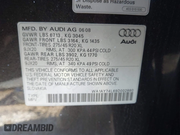 2009 Audi Q7 with VIN WA1AY74L69D002880, listed as a IAAI auction lot 41416826 with 157,344 mi miles. Bid and sale history available at carsss.com. Image 9.