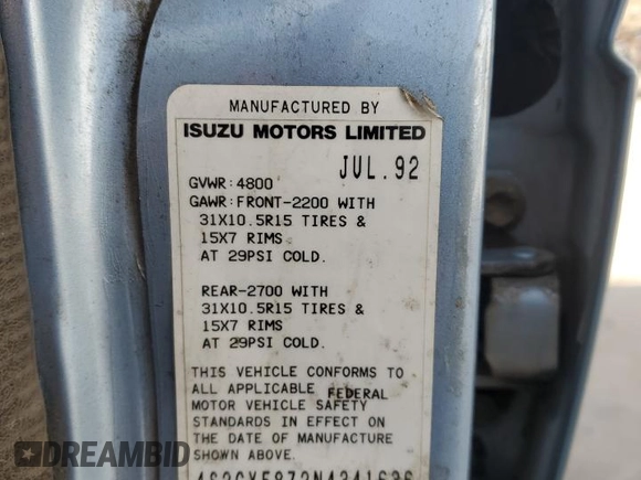 1992 Isuzu Rodeo with VIN 4S2CY58Z2N4341636, listed as a Copart auction lot 45606315 with 235,683 mi miles and Salvage title. Bid and sale history available at DreamBid. Image 13.