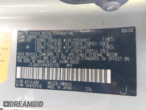 2004 Lexus RX 330 with VIN JTJGA31UX40002100, listed as a IAAI auction lot 41731990 with 260,757 mi miles and . Bid and sale history available at DreamBid. Image 9.