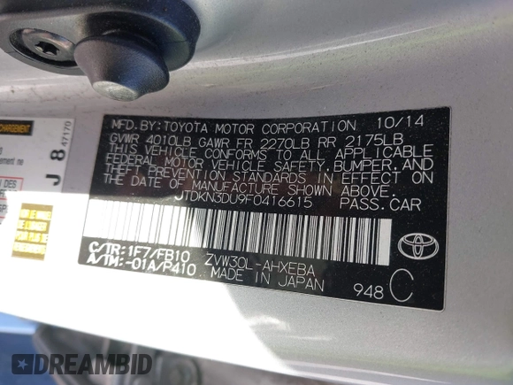 2015 Toyota Prius Four with VIN JTDKN3DU9F0416615, listed as a IAAI auction lot 41950208 with 281,519 mi miles and . Bid and sale history available at DreamBid. Image 9.